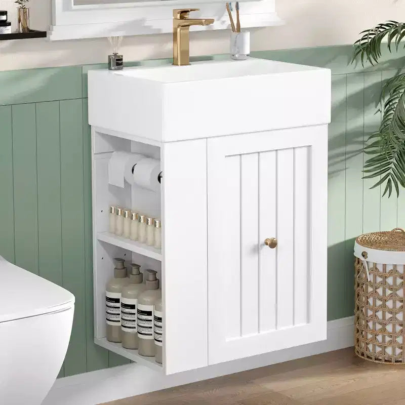 MAYEERTY 20 Tocador de baño Lavabo de cerámica Cajón de almacenamiento de MDF Estante lateral Tirador dorado Baño pequeño