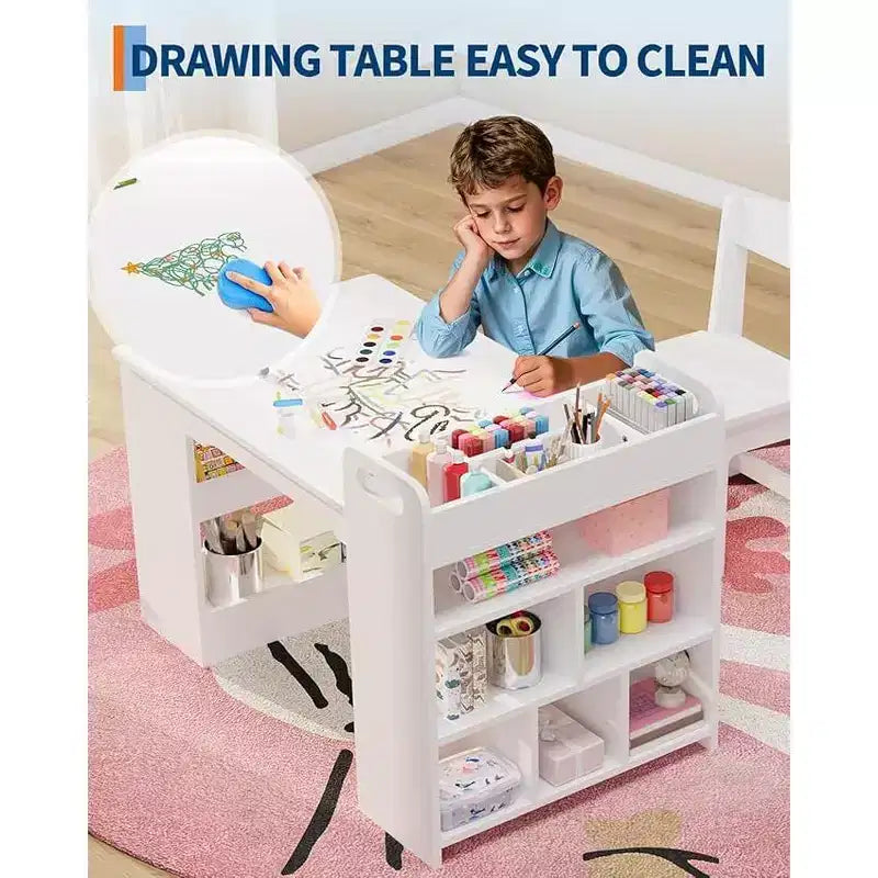 Mesa de arte para niños, escritorio de manualidades grande para niños con 2 sillas, escritorio de arte multifuncional con estantes de almacenamiento para habitación infantil, guardería, sala de juegos, escuela
