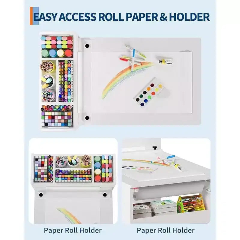 Mesa de arte para niños, escritorio de manualidades grande para niños con 2 sillas, escritorio de arte multifuncional con estantes de almacenamiento para habitación infantil, guardería, sala de juegos, escuela