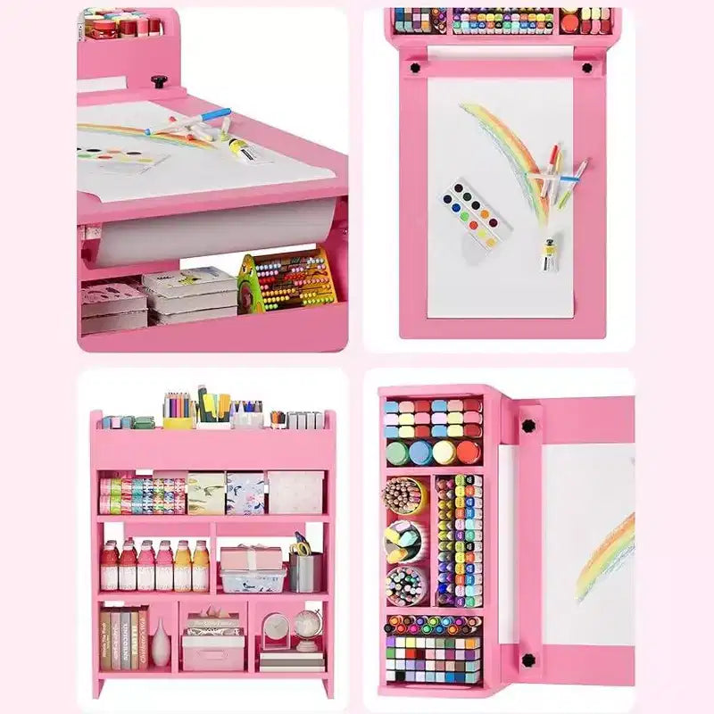 Mesa de arte para niños, escritorio de manualidades grande para niños con 2 sillas, escritorio de arte multifuncional con estantes de almacenamiento para habitación infantil, guardería, sala de juegos, escuela