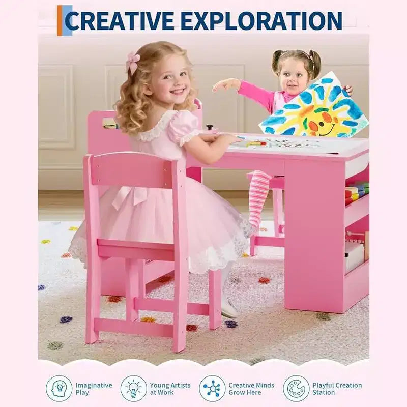 Mesa de arte para niños, escritorio de manualidades grande para niños con 2 sillas, escritorio de arte multifuncional con estantes de almacenamiento para habitación infantil, guardería, sala de juegos, escuela