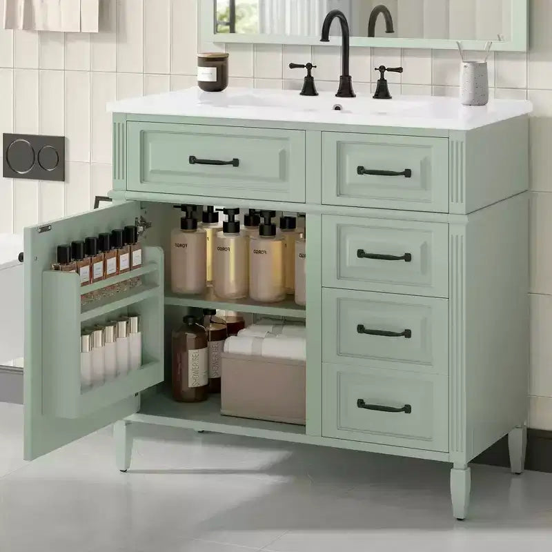 MAYEERTY 36" Tocador de Baño con Lavabo Madera Maciza Blanca Cajón Abatible 3 Cajones 2 Puertas Asas Metálicas Negras MDF