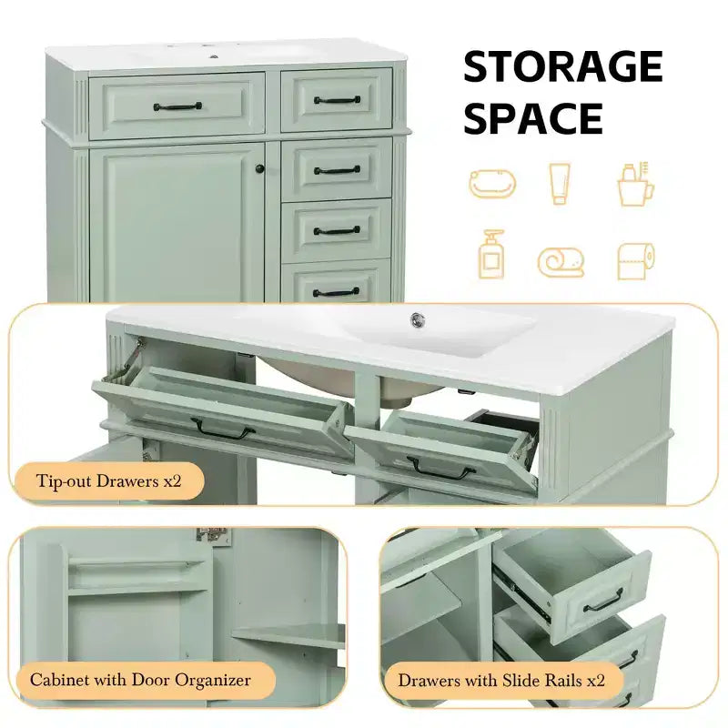 MAYEERTY 36" Tocador de Baño con Lavabo Madera Maciza Blanca Cajón Abatible 3 Cajones 2 Puertas Asas Metálicas Negras MDF