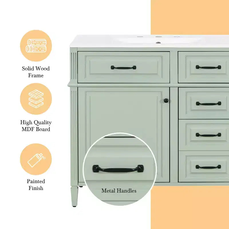 MAYEERTY 36" Tocador de Baño con Lavabo Madera Maciza Blanca Cajón Abatible 3 Cajones 2 Puertas Asas Metálicas Negras MDF
