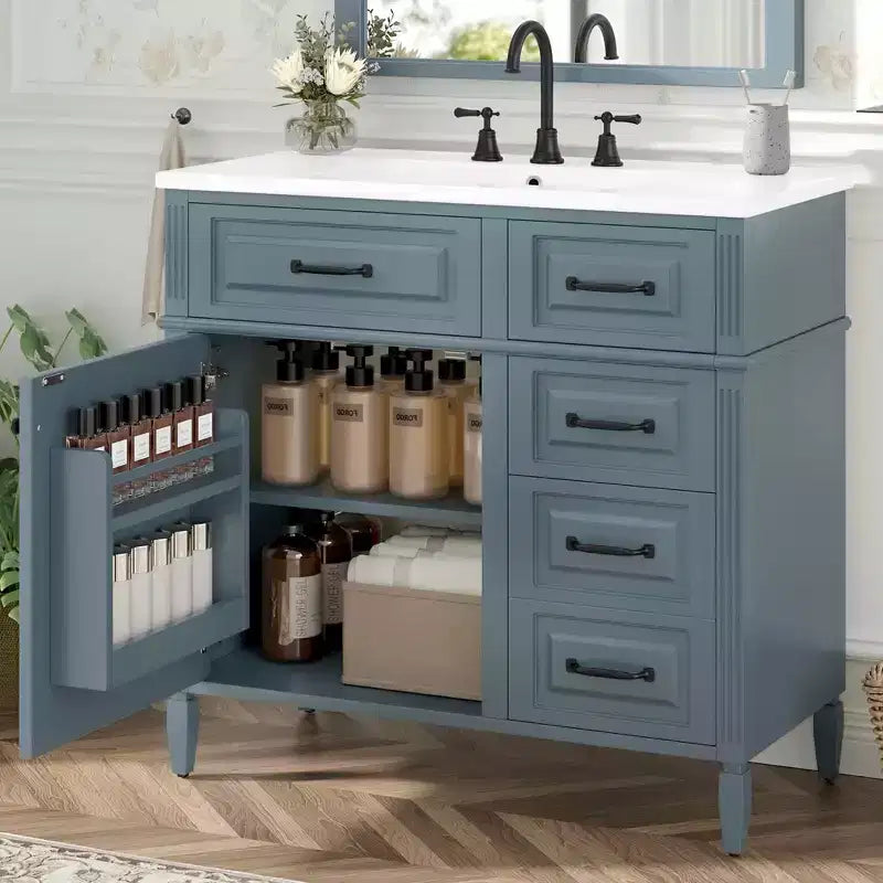 MAYEERTY 36" Tocador de Baño con Lavabo Madera Maciza Blanca Cajón Abatible 3 Cajones 2 Puertas Asas Metálicas Negras MDF