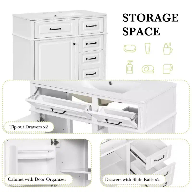 MAYEERTY 36" Tocador de Baño con Lavabo Madera Maciza Blanca Cajón Abatible 3 Cajones 2 Puertas Asas Metálicas Negras MDF