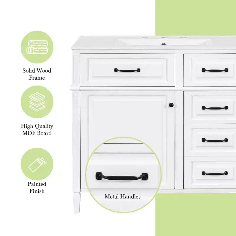 MAYEERTY 36" Tocador de Baño con Lavabo Madera Maciza Blanca Cajón Abatible 3 Cajones 2 Puertas Asas Metálicas Negras MDF