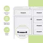 MAYEERTY 36" Tocador de Baño con Lavabo Madera Maciza Blanca Cajón Abatible 3 Cajones 2 Puertas Asas Metálicas Negras MDF