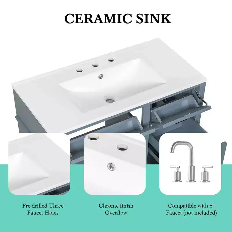 MAYEERTY 36" Tocador de Baño con Lavabo Madera Maciza Blanca Cajón Abatible 3 Cajones 2 Puertas Asas Metálicas Negras MDF