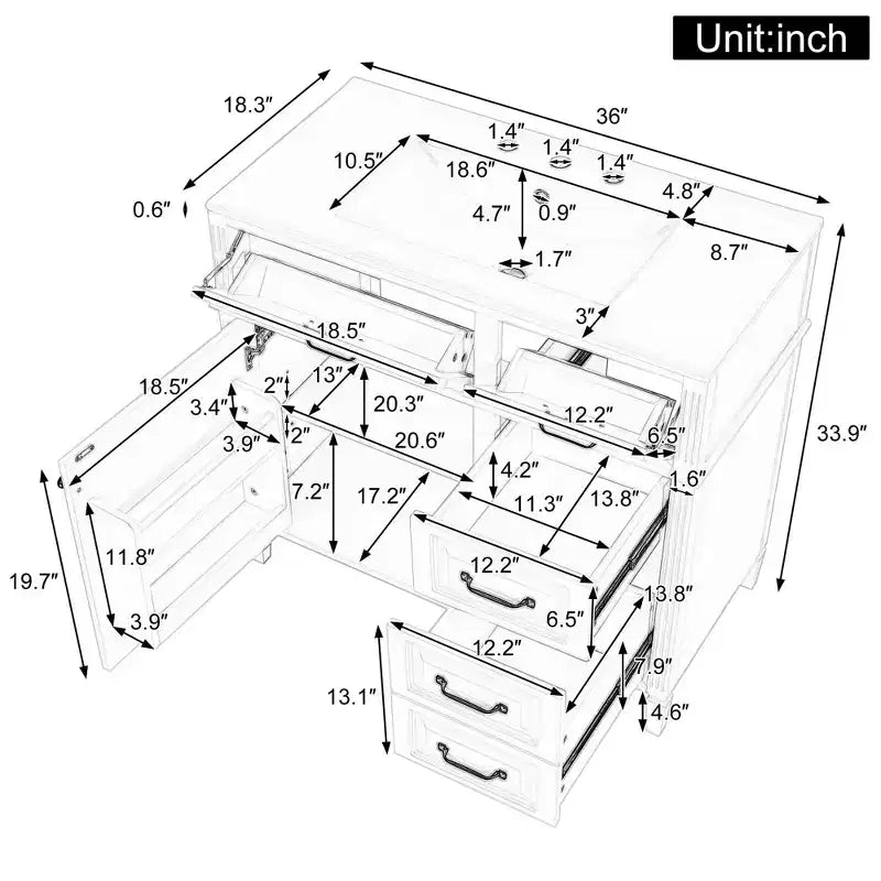 MAYEERTY 36" Tocador de Baño con Lavabo Madera Maciza Blanca Cajón Abatible 3 Cajones 2 Puertas Asas Metálicas Negras MDF