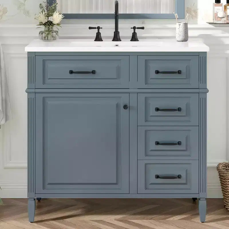 MAYEERTY 36 Bathroom Vanity with Sink White Solid Wood Flip Drawer 3 Drawers 2 Doors Black Metal Handles MDF