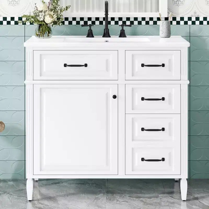 MAYEERTY 36" Tocador de Baño con Lavabo Madera Maciza Blanca Cajón Abatible 3 Cajones 2 Puertas Asas Metálicas Negras MDF