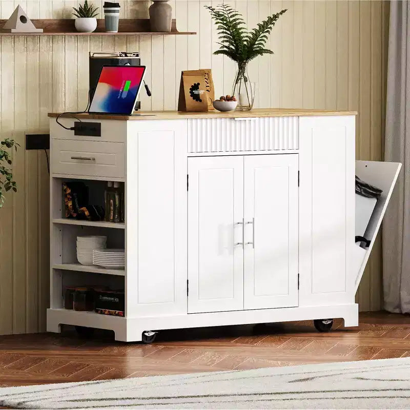 Isla de cocina negra estriada de 48.5 pulgadas con gabinete de almacenamiento para bote de basura, islas de cocina móviles sobre 5 ruedas para bote de basura de 10 galones