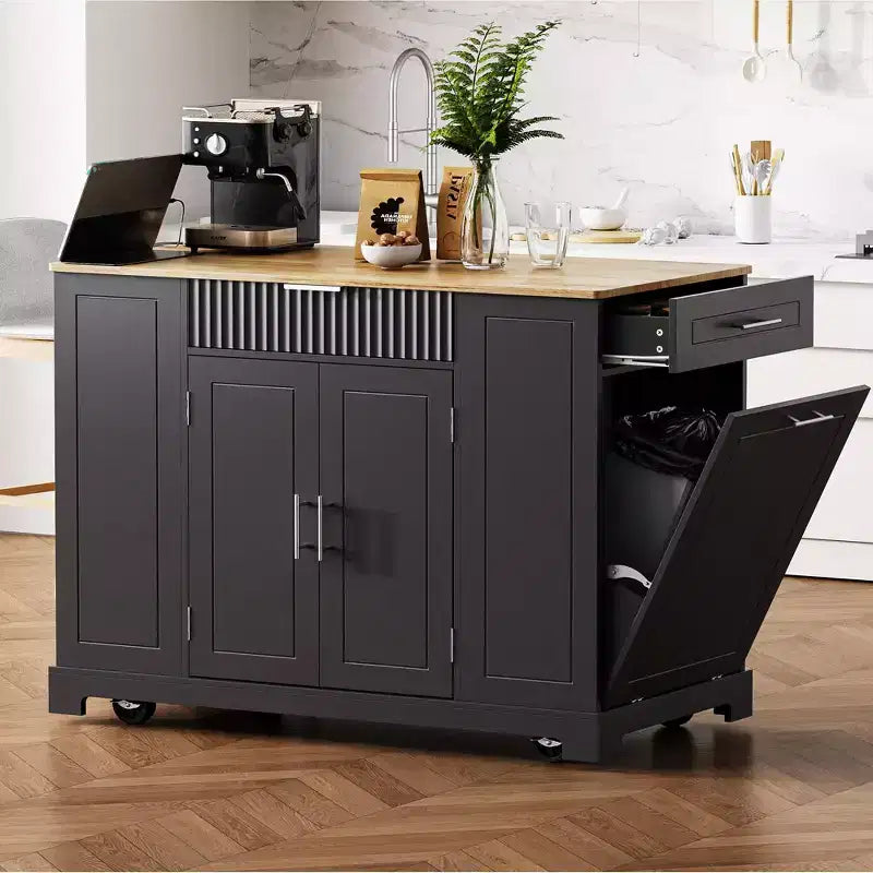 Isla de cocina negra estriada de 48.5 pulgadas con gabinete de almacenamiento para bote de basura, islas de cocina móviles sobre 5 ruedas para bote de basura de 10 galones