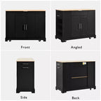 Isla de cocina negra estriada de 48.5 pulgadas con gabinete de almacenamiento para bote de basura, islas de cocina móviles sobre 5 ruedas para bote de basura de 10 galones