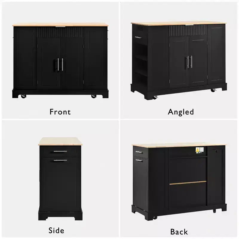 Isla de cocina negra estriada de 48.5 pulgadas con gabinete de almacenamiento para bote de basura, islas de cocina móviles sobre 5 ruedas para bote de basura de 10 galones