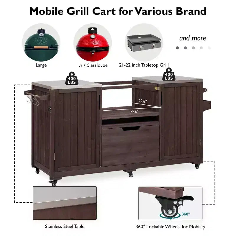 Isla de cocina exterior negra de 66.5 pulgadas para parrillas Big Green Egg, carrito de parrilla exterior de madera maciza para parrilla de mesa con tapa de acero inoxidable