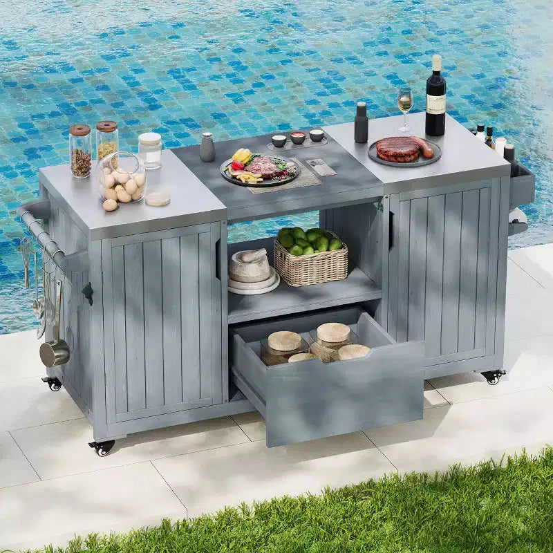 Isla de cocina exterior negra de 66.5 pulgadas para parrillas Big Green Egg, carrito de parrilla exterior de madera maciza para parrilla de mesa con tapa de acero inoxidable