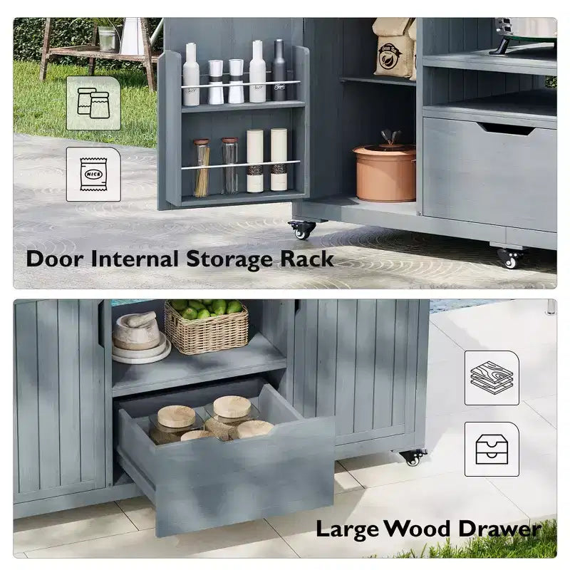 Isla de cocina exterior negra de 66.5 pulgadas para parrillas Big Green Egg, carrito de parrilla exterior de madera maciza para parrilla de mesa con tapa de acero inoxidable