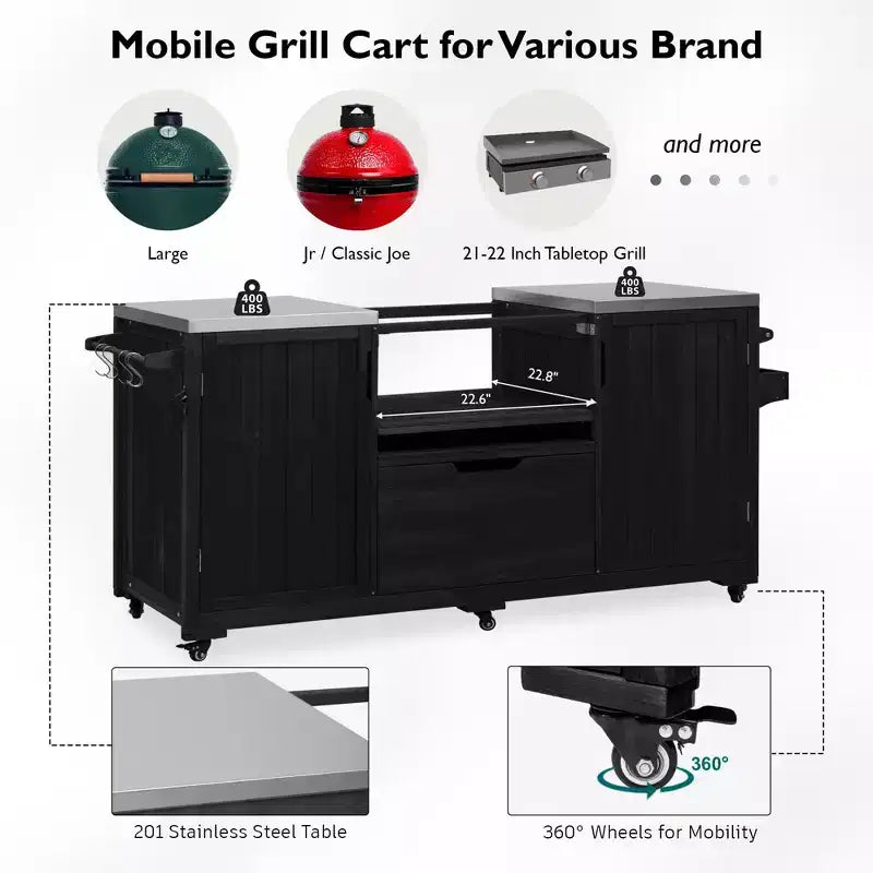 Isla de cocina exterior negra de 66.5 pulgadas para parrillas Big Green Egg, carrito de parrilla exterior de madera maciza para parrilla de mesa con tapa de acero inoxidable