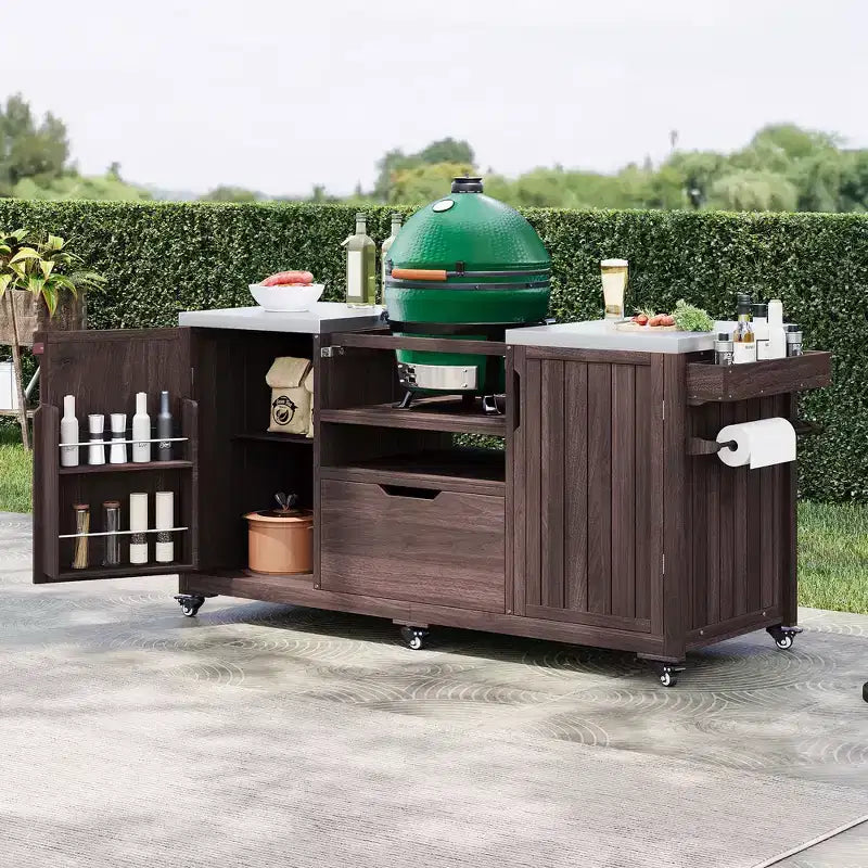 Isla de cocina exterior negra de 66.5 pulgadas para parrillas Big Green Egg, carrito de parrilla exterior de madera maciza para parrilla de mesa con tapa de acero inoxidable