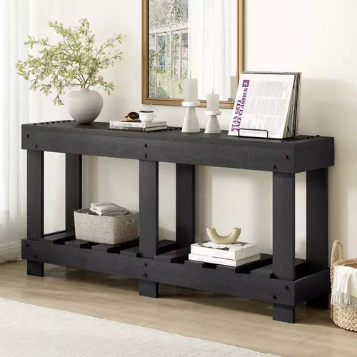 62.9 Mesa consola de entrada para casa de campo con estante de almacenamiento, mesa de pasillo de madera maciza de abeto con detalles de remaches de metal para sala de estar - Panipeachy