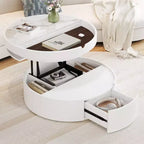 Lift Top Coffee Table with Drawer, Round Center Table with Storage, Modern Wood Adjustable Coffee Table with Storage for Living Room, White