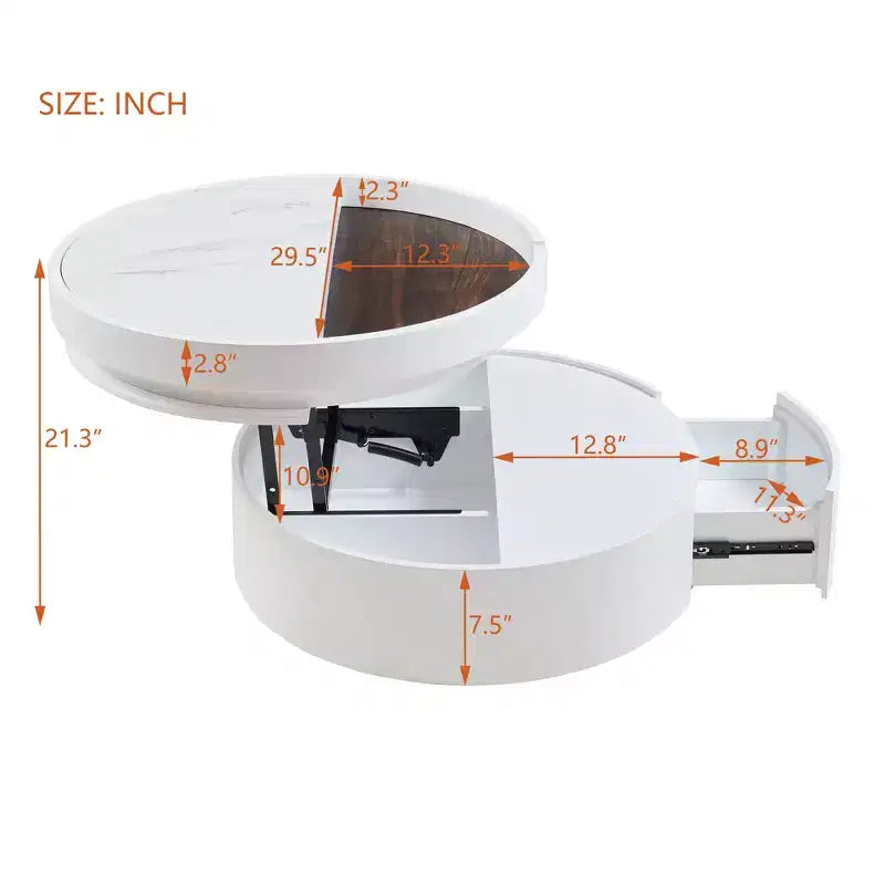 Mesa de centro elevable con cajón, mesa central redonda con almacenamiento, mesa de centro moderna de madera ajustable con almacenamiento para sala de estar, blanco