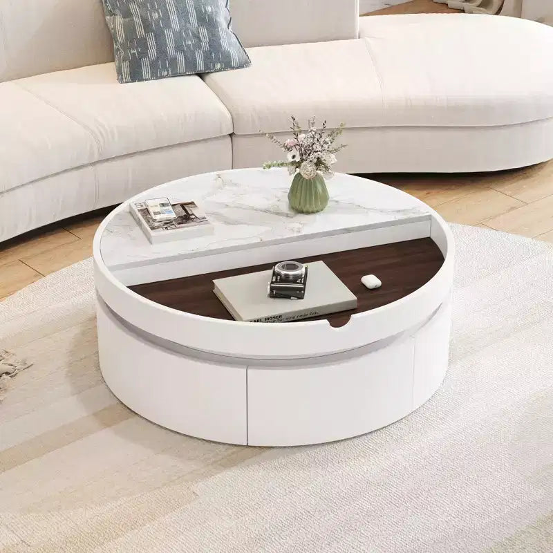 Mesa de centro elevable con cajón, mesa central redonda con almacenamiento, mesa de centro moderna de madera ajustable con almacenamiento para sala de estar, blanco