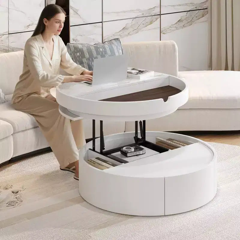 Mesa de centro elevable con cajón, mesa central redonda con almacenamiento, mesa de centro moderna de madera ajustable con almacenamiento para sala de estar, blanco
