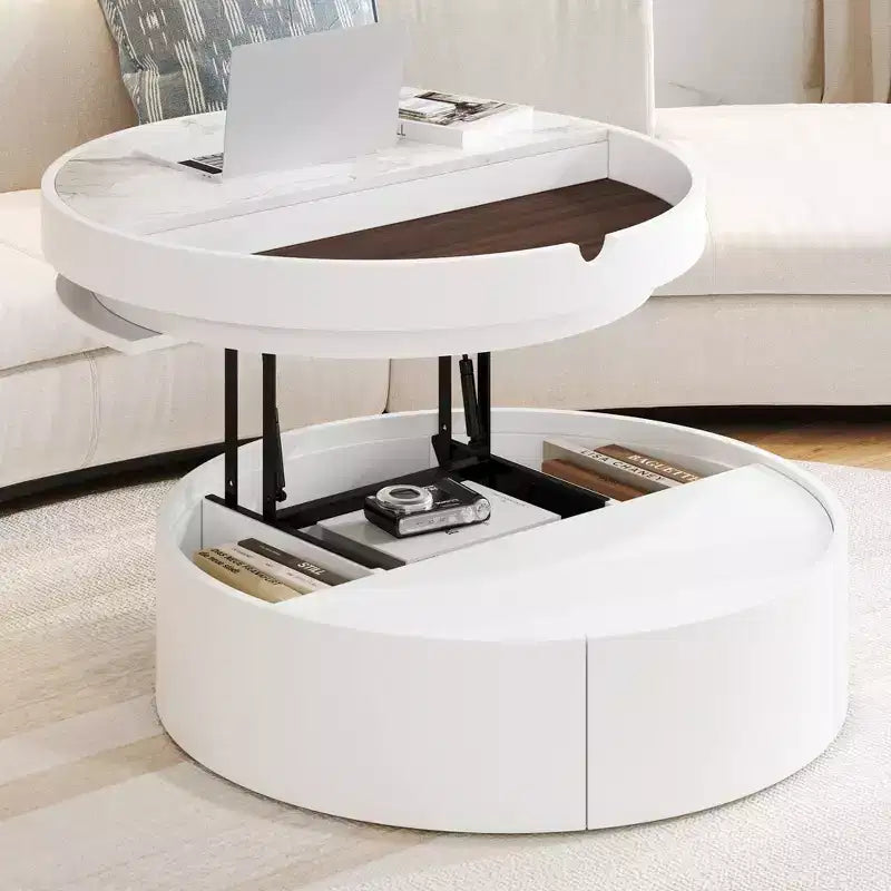 Mesa de centro elevable con cajón, mesa central redonda con almacenamiento, mesa de centro moderna de madera ajustable con almacenamiento para sala de estar, blanco