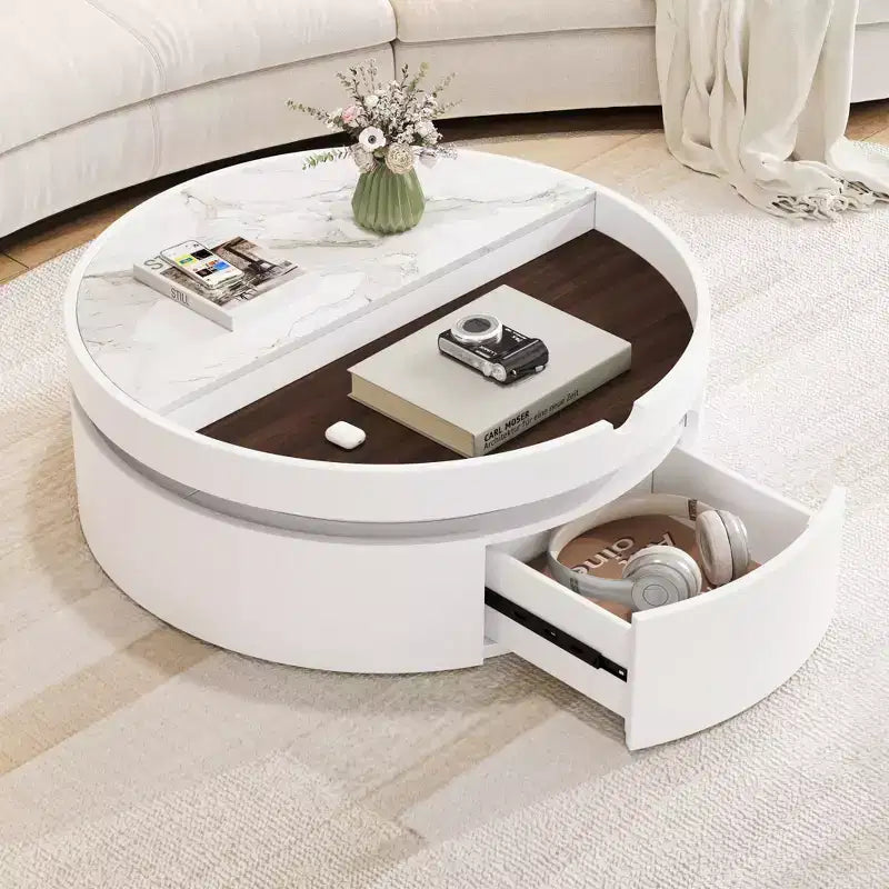 Mesa de centro elevable con cajón, mesa central redonda con almacenamiento, mesa de centro moderna de madera ajustable con almacenamiento para sala de estar, blanco
