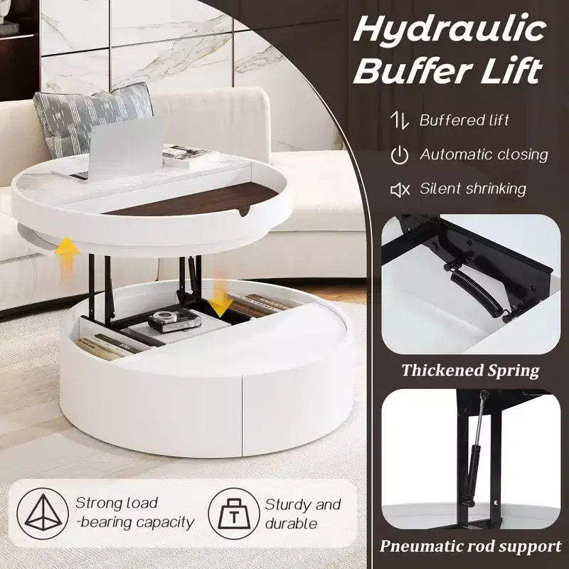 Mesa de centro elevable con cajón, mesa central redonda con almacenamiento, mesa de centro moderna de madera ajustable con almacenamiento para sala de estar, blanco