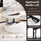 Mesa de centro elevable con cajón, mesa central redonda con almacenamiento, mesa de centro moderna de madera ajustable con almacenamiento para sala de estar, blanco