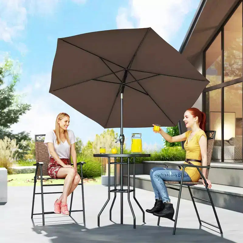 Juego de barra de exterior de 4 piezas con sombrilla, juego de comedor para patio con 2 sillas plegables, mesa de vidrio templado con textura ondulada para patio trasero, jardín, terraza, junto a la piscina
