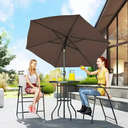 Juego de barra de exterior de 4 piezas con sombrilla, juego de comedor para patio con 2 sillas plegables, mesa de vidrio templado con textura ondulada para patio trasero, jardín, terraza, junto a la piscina