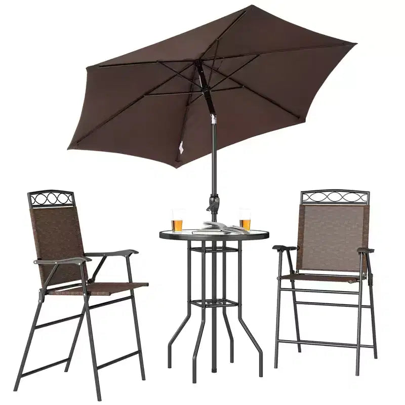 Juego de barra de exterior de 4 piezas con sombrilla, juego de comedor para patio con 2 sillas plegables, mesa de vidrio templado con textura ondulada para patio trasero, jardín, terraza, junto a la piscina