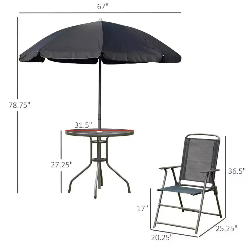 Juego de comedor para patio de 6 piezas para 4 personas con sombrilla, mesa y sillas de exterior con 4 sillas de comedor plegables y mesa redonda de cristal