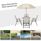 Juego de comedor para patio de 6 piezas para 4 personas con sombrilla, mesa y sillas de exterior con 4 sillas de comedor plegables y mesa redonda de cristal