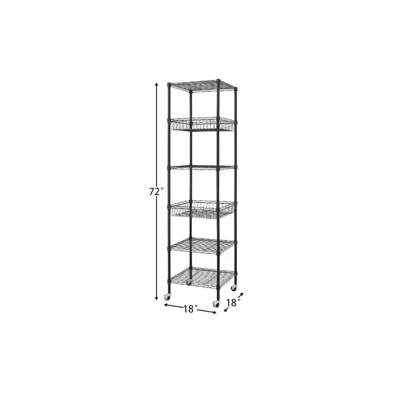 Estantería de Alambre de 6 Niveles Reforzada con Ruedas 18x18x72 - pulgadas Estante de Almacenamiento de Metal Negro Tubo de Acero Grueso Ajustable