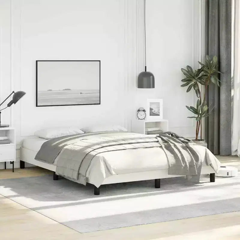 Base de cama de piel sintética blanca, Contrachapado, Madera de ingeniería, Matrimonial