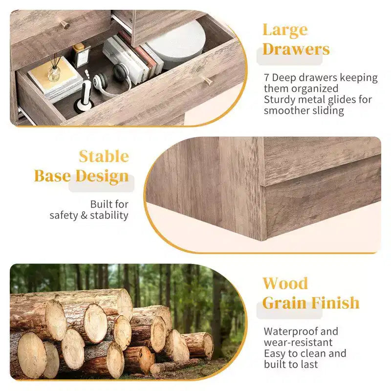 Karl Home Cómoda grande de 7 cajones para dormitorio y cómoda con construcción robusta, organizador de almacenamiento de madera para armario, en gris