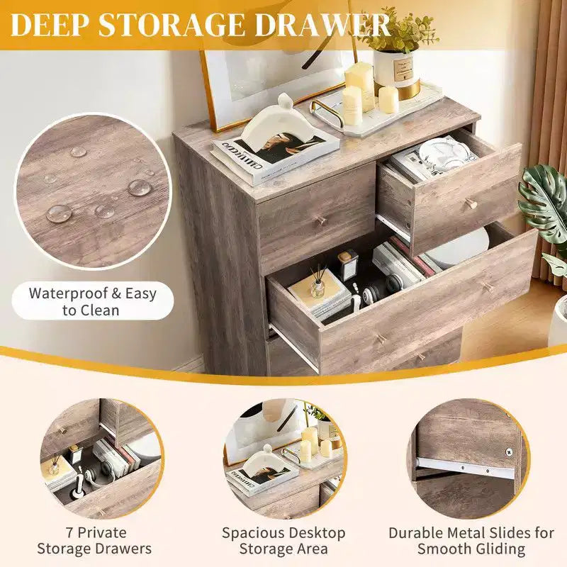 Karl Home Cómoda grande de 7 cajones para dormitorio y cómoda con construcción robusta, organizador de almacenamiento de madera para armario, en gris