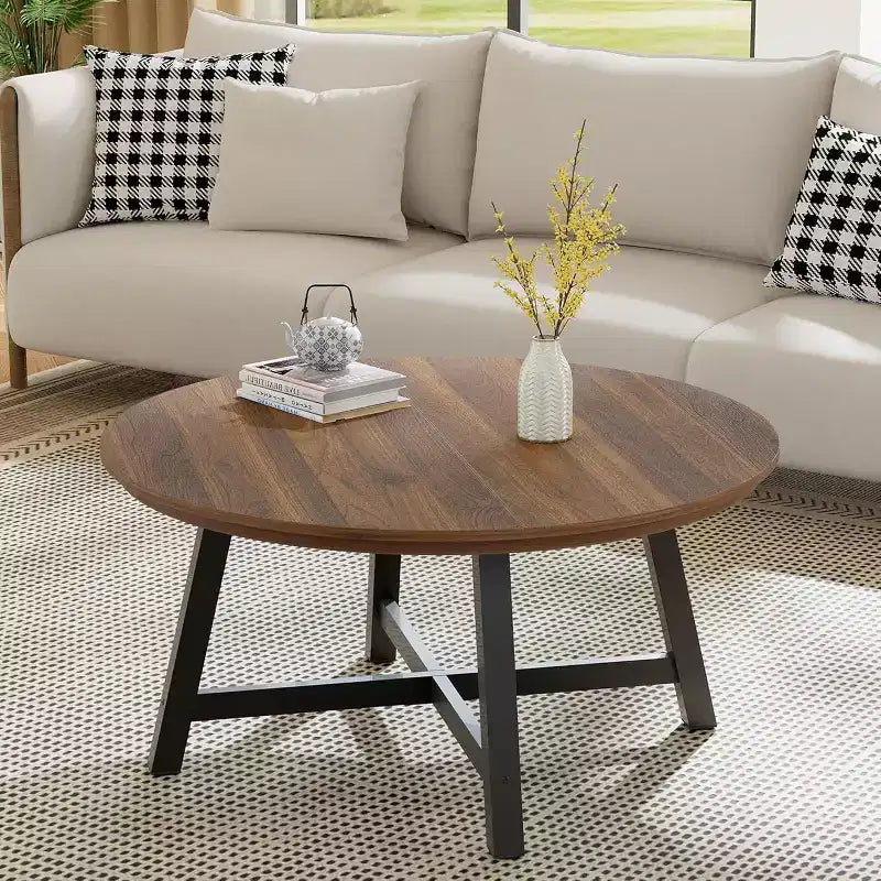 Mesa de centro redonda 36, mesas auxiliares grandes negras con patas ajustables, patas engrosadas y vetas de madera diseñadas para la oficina en casa