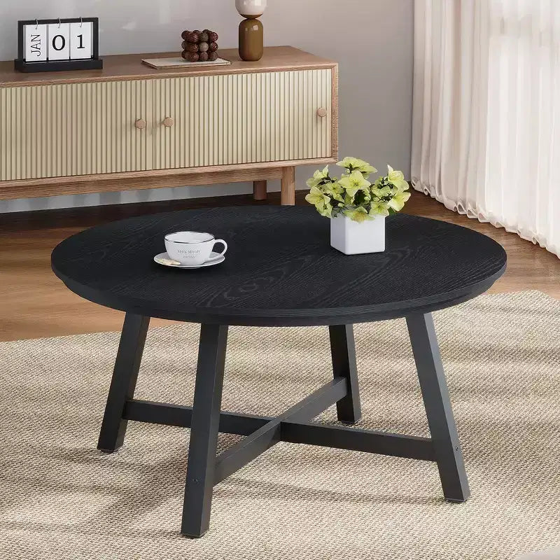 Mesa de centro redonda 36, mesas auxiliares grandes negras con patas ajustables, patas engrosadas y vetas de madera diseñadas para la oficina en casa