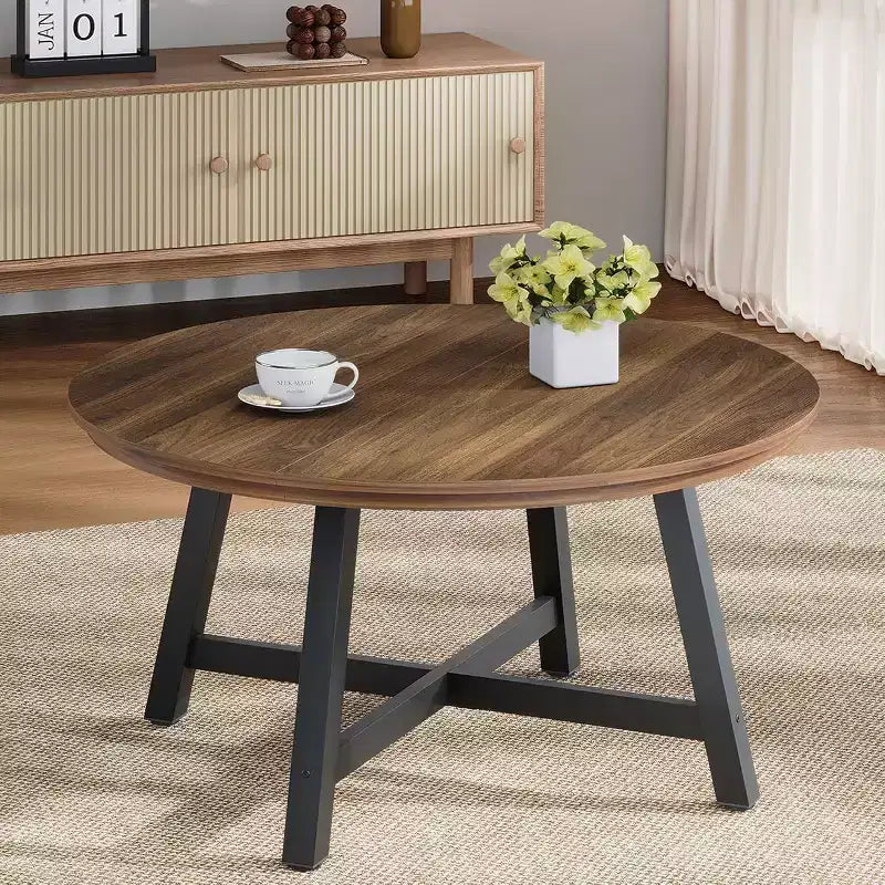 Mesa de centro redonda 36, mesas auxiliares grandes negras con patas ajustables, patas engrosadas y vetas de madera diseñadas para la oficina en casa
