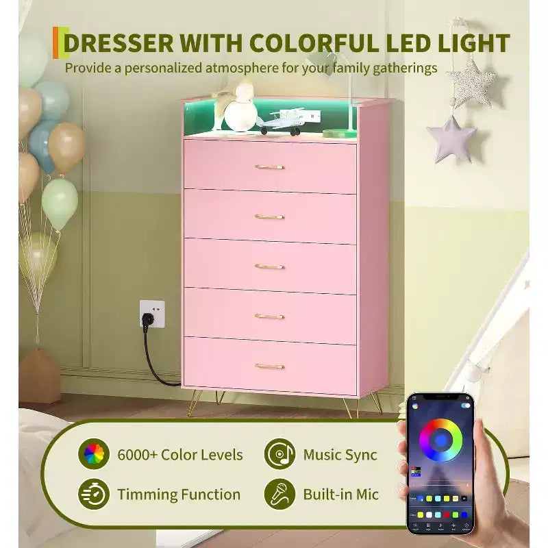 Cómoda de 4 cajones con luces RGB y estación de carga, cómoda LED con sincronización de música controlada por aplicación, cómoda de madera para dormitorio, armario, sala de estar