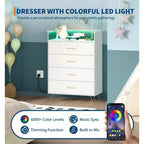 Cómoda de 4 cajones con luces RGB y estación de carga, cómoda LED con sincronización de música controlada por aplicación, cómoda de madera para dormitorio, armario, sala de estar