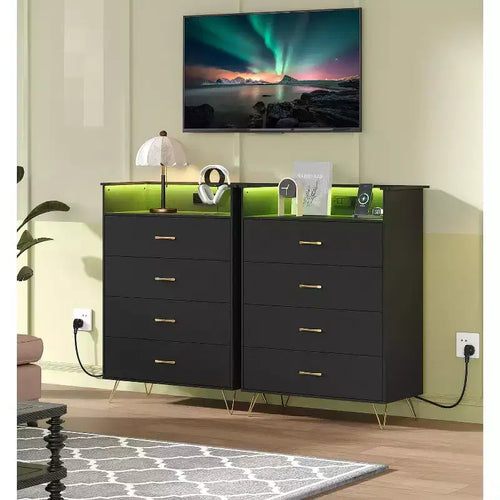 Cómoda de 4 cajones con luces RGB y estación de carga, cómoda LED con sincronización de música controlada por aplicación, cómoda de madera para dormitorio, armario, sala de estar