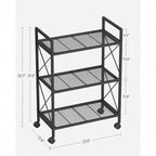 Estantería metálica de 3 niveles con ruedas, unidad de almacenamiento de malla, marcos laterales en X, 23.6 pulgadas de ancho, color negro, para entrada o cocina